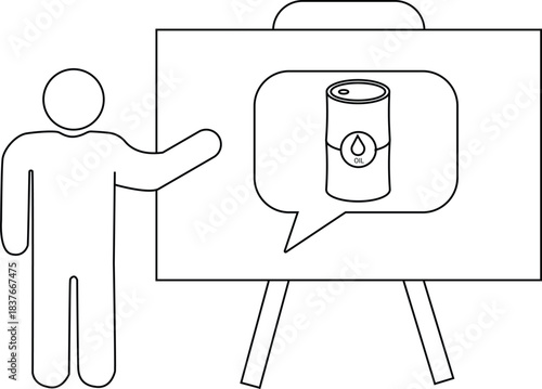 Outline drawing Presenter by easel speech bubble with oil can depicted