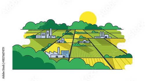 Flat illustration of rural landscape fields, buildings, factories, sun, and stylized trees