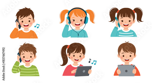 Set of cute cartoon children using modern technology like smartphones tablets and headphones for communication and entertainment.