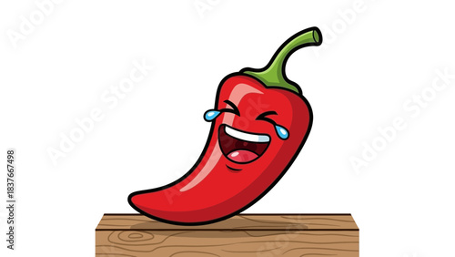 A red pepper with cartoon face is on a wood surface, laughing with tears streaming down its cheeks