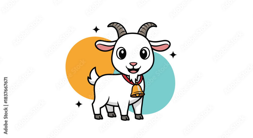 Obraz premium Extremely cute cartoon baby goat with a red collar and golden bell smiling happily against a colorful circular background.