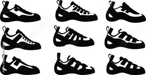Black and white silhouettes of climbing shoes in various perspectives