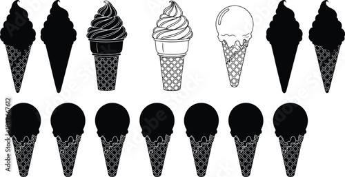 Set of black silhouette modern ceramic vases and pots with simple polka dot, horizontal stripe, and geometric triangle patterns, isolated vector illustration on white.