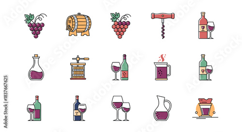 Set of colorful line icons related to wine and winemaking including grapes barrels bottles glasses and a corkscrew.
