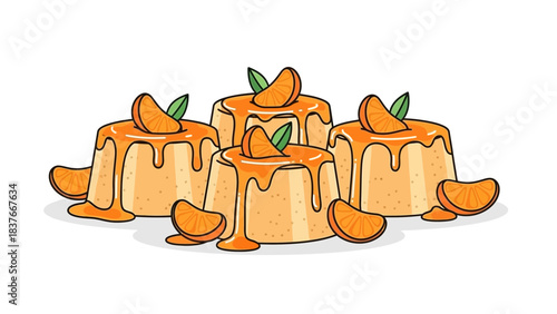 Orange-flavored desserts with sauce and citrus slices, hand-drawn style on a white backdrop, in bright orange and green hues