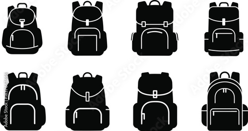 Eight black backpack icons arranged in a grid pattern on a white background