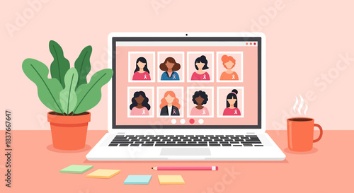 Flat vector illustration of diverse women participating in an online video conference call from home, showcasing remote work and virtual collaboration