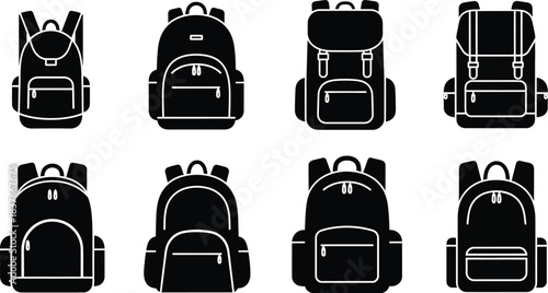Various styles of black backpacks depicted in a minimalist top down illustration