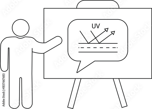 Person pointing at an easel with a UV rays illustration in a speech bubble