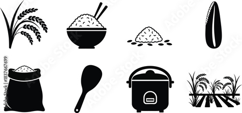 Black and white icons representing various stages of rice cultivation and use