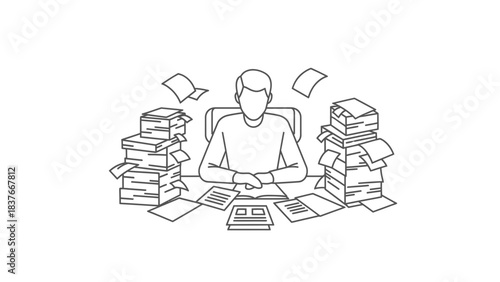Outline drawing person at desk overwhelmed by papers and stacks of documents