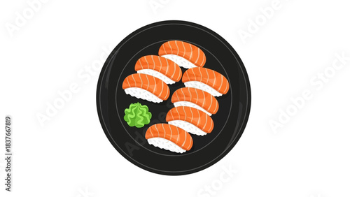 Overhead view of plate with salmon sushi, accompanied by green wasabi, a traditional Japanese cuisine dish