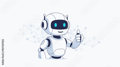 Smiling cartoon robot with blue eyes giving a thumbs up on a light background with connections