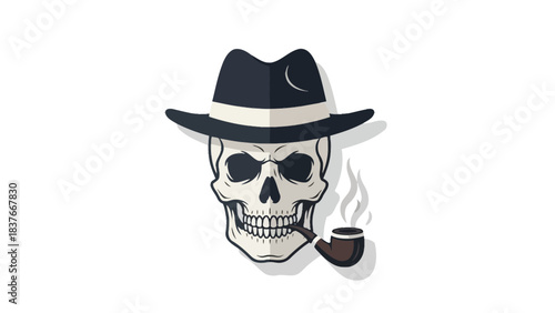Cartoon skull with a black fedora and pipe against a white background, with smoke emerging from the pipe bowl