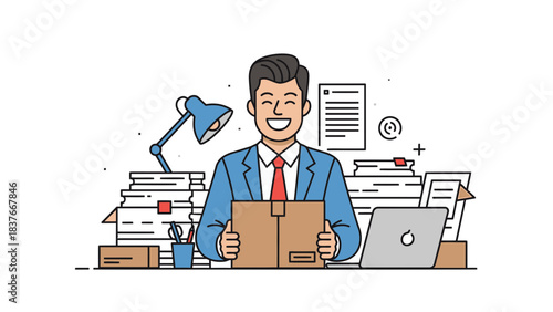 Smiling businessman holds a box at a desk with stacks of papers and a lamp in a line drawing