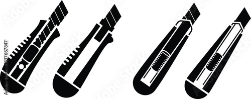Four black utility knives in different orientations a simple design illustration