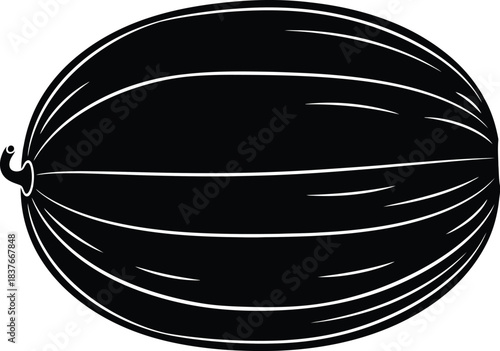 A simple black and white illustration of a whole ripe watermelon