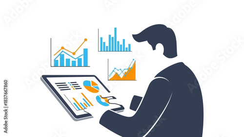 Person in dark coat using a tablet with graph charts floating