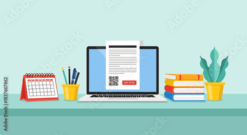 Online Registration Form on Laptop Screen in Modern Workspace - Flat Vector Illustration for Digital Workflow, Study, and Remote Productivity