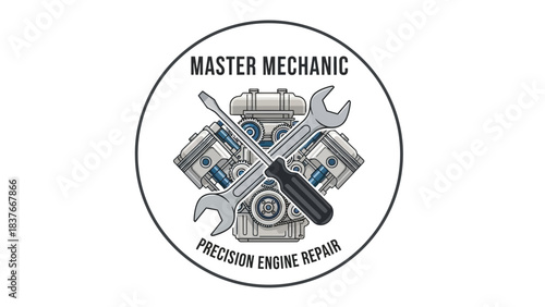 A round emblem featuring engine pistons, gears, and crossed tools, with "Master Mechanic" and "Precision Engine Repair" text