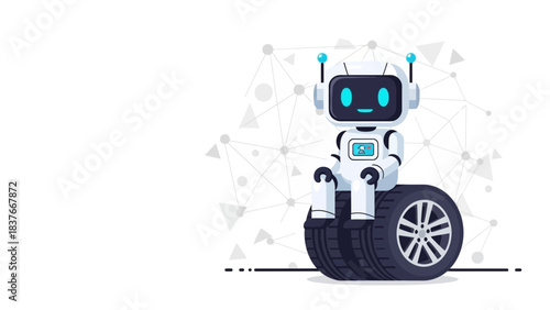 Smiling robot sits on a car tire against a network background