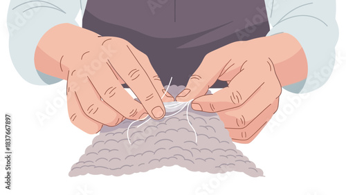 Person's hands knit gray yarn, using white thread, in illustration against a white background