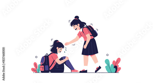 Kind schoolgirl helping and comforting her crying friend who has fallen down offering a hand to help her get back up.