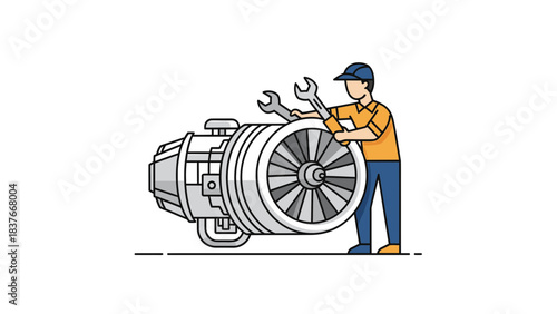Cartoon style drawing of mechanic using wrenches to fix a large industrial turbine engine, on a white background