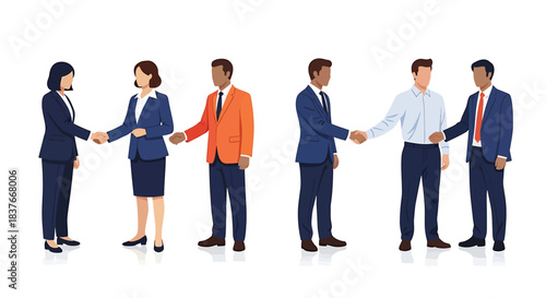 Diverse business professionals shaking hands in a flat vector illustration, symbolizing successful partnership, agreement, and collaboration among various teams and individuals