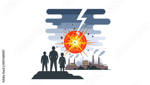 A silhouetted family watches an explosion near a stylized city skyline with smokestacks under stormy clouds