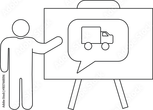 Presentation with a person gesturing to a whiteboard showing a truck inside a speech bubble