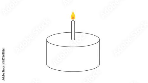 A simple, minimally-colored drawing shows a cake with a lit candle on top, set against a clean white background