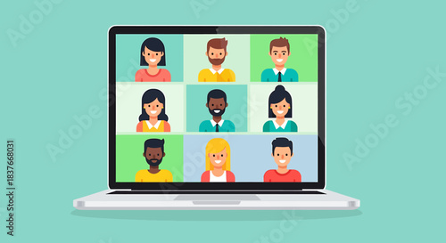 Flat vector illustration of a laptop screen displaying a video conference with multiple participants