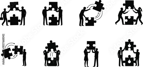 Black and white icons depicting people connecting puzzle pieces together