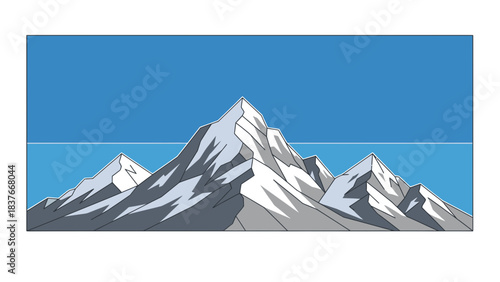 Snowy mountain peaks rise under a bright blue sky, rendered in a flat, cartoonish style