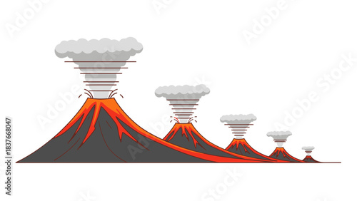 Cartoon style illustration showing five volcanoes erupting, scaling down from left to right, with smoke and lava