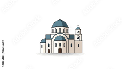 Wallpaper Mural A simplified illustration of a building with domes, cross, bell tower, and a neutral color scheme on white Torontodigital.ca