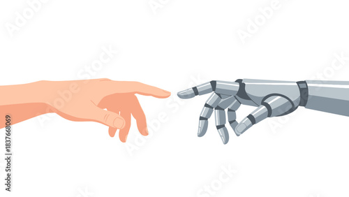 Illustration of a human hand about to touch a metallic, robotic hand against a clean white background