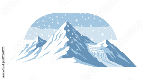 Snowy mountain range illustration with blue hues and falling snowflakes on white