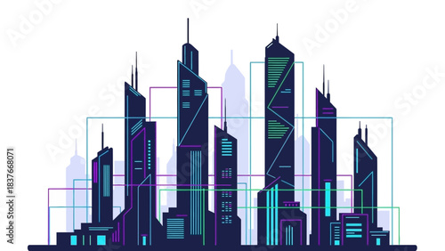 A simplified city skyline with geometric connections, rendered in cool tones against a white background