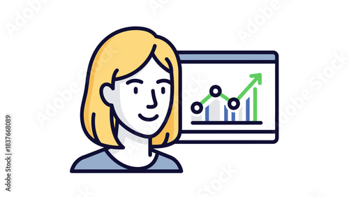 Cartoon woman with blonde hair looks at graph on monitor, growth arrow pointing up