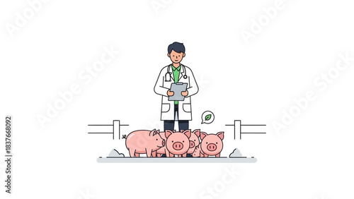 Cartoon vet stands with clipboard near pigs behind a white fence, with a green leaf icon above one pig