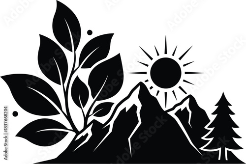 A minimalist design featuring mountains a sun leaves and a coniferous tree
