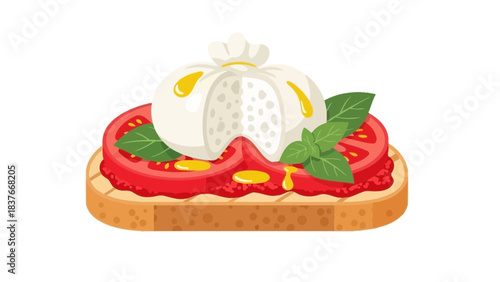 Illustration of a toast topped with tomato, burrata cheese, and basil leaves on a white background