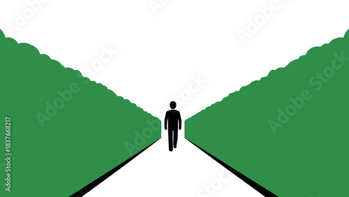A stick figure walks a bright path between green hedges on a white background
