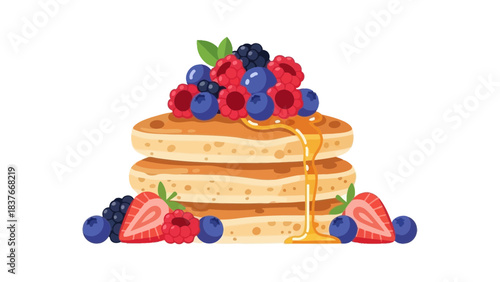 Stack of pancakes with berries and dripping syrup, isolated on white, in cartoon style