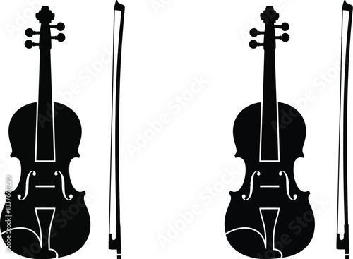 A simple graphic depiction of two violins and their accompanying bows