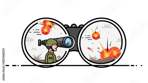 A soldier peers through binoculars, witnessing explosions in the distance on both sides, rendered in a flat cartoon style