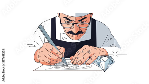 Focused jeweler drawing a diamond design with precision