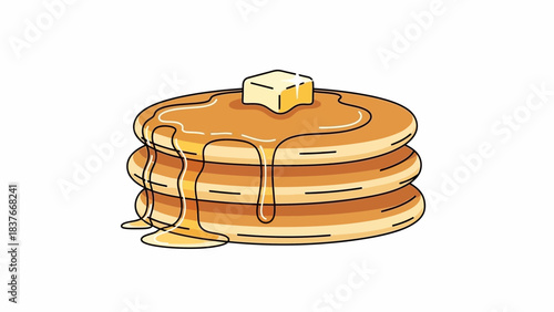 Stack of three pancakes with butter and syrup, isolated on white
